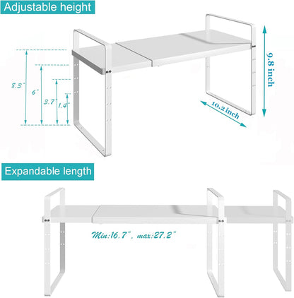 iPEGTOP Expandable Cabinet Storage Shelf Organizer Rack, 2 Pack Heavy Duty Steel Metal Spice Rack Adjustable Height Garage Pantry Shelf Space Riser for Counter Kitchen Organization, White
