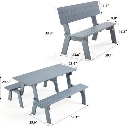AVAWING Outdoor Convertible Wood Bench with Backrest, Patio Wood Convert a Bench, Space-Saving 2-in-1 Picnic Table Chairs Set for Backyard, Porch, Patio, Garden, Grey