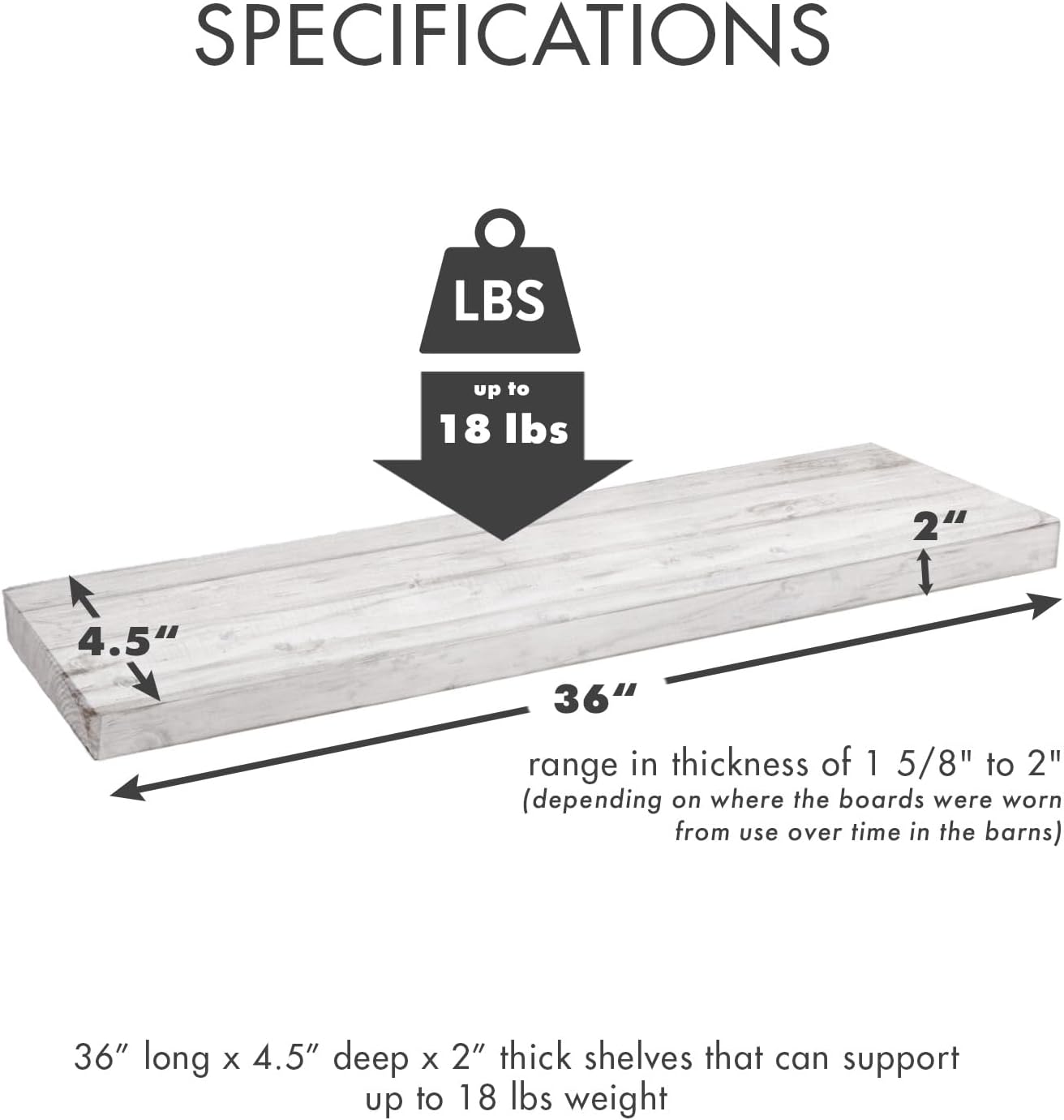 Urban Legacy Reclaimed Barnwood Planks | Floating Shelves for Wall w/Flush Mount Shelf Bracket Set Included | | Set of 2 (White Wash, 36" x 4.5" x 2")