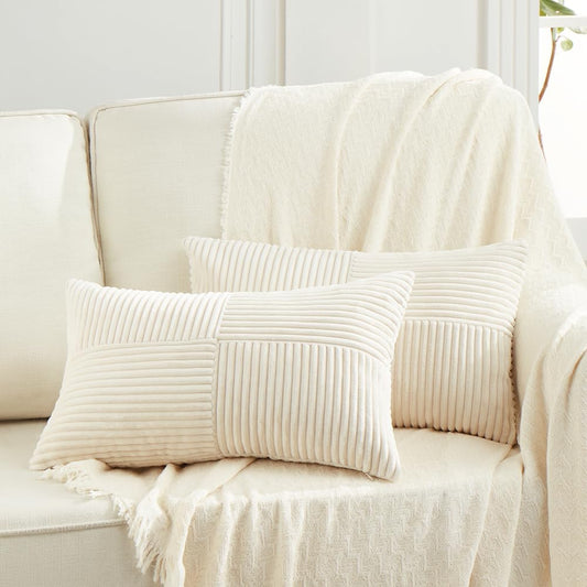 Fancy Homi 2 Packs Cream Lumbar Decorative Throw Pillow Covers 16x32 Inch for Living Room Couch Bed Sofa, Rustic Farmhouse Boho Home Decor, Soft Striped Corduroy Rectangle Accent Cushion Case 40x80 cm