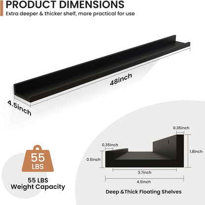 Fun Memories Picture Ledge Shelves Set of 2, 48 Inch Rustic Wall Mounted Floating Shelves with Lip for Home Storage and Décor in Bathroom, Kitchen, Nursery, Bedroom, Living Room, Black