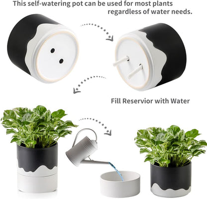 Nihow Self Watering Plant Pot: 6 Inch Ceramic Planter with Drainage Hole & Water Storage Plus for Indoor & Outdoor Plants - Cylinder Round Flower Pot for Succulent/Herbs/Violets - Black & Wave White