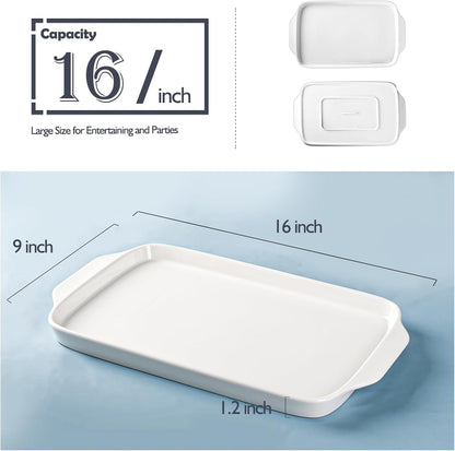 Dizada Large Serving Platter with Handles, 16" x 9" Porcelain Serving Tray, White Rectangular Platters for Entertaining & Serving Food, Serving Trays for Party, Appetizer, Charcuterie - Set of 3