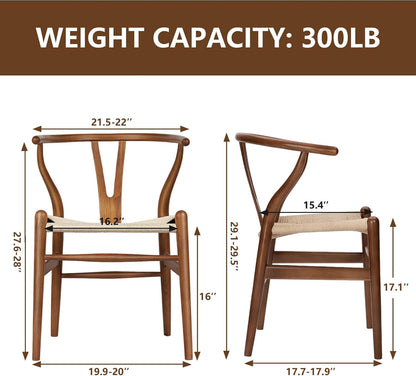 Wishbone Chair Natural Solid Wood Dining Chair/Hans Vegner Y Chair Rattan and Wood Accent Armrest Chairs (Ash Wood - Walnut 2 Chairs)