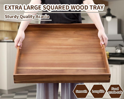 Extra Large Square Wood Tray, Generously 22" Acacia Serving Trays for Large Ottoman Coffee Table, Giant Square Shape Sofa Tray with Handles, Kitchen Organizer Storage Trays Huge Counter Serveware