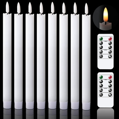 GenSwin Flameless Flickering Taper Candles with 2 Remote Controls and Timer, Real Wax 3D Wick Light Window Candles Battery Operated Pack of 8, Christmas Home Wedding Decor(White, 0.78 X 9.64 Inch)