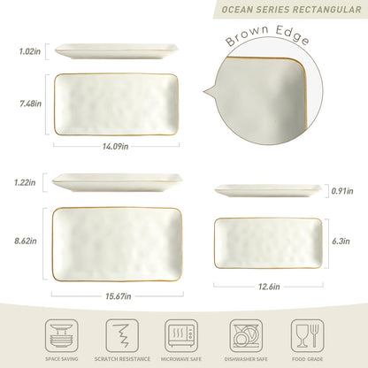 famiware Serving Platter, Rectangular 15.67/14.1/12.6inch Serving Dishes for Entertaining, Microwave Dishwasher Safe, Stoneware Serving Trays for Party, Turkey, Cheese, Ocean Series, Vanilla White