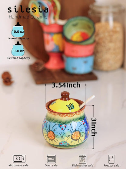 silesia Handmade Sugar Bowl with Lid and Spoon, 9 Ounce Ceramic Hand-Painted Sugar Jar for Home in Gift Box, Kitchen Decor, Oven, Dishwasher & Microwave Safe, Glazed Yellow