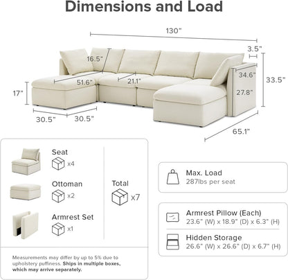 mopio Oversized Modular Sectional Sofa with Fully Removable Covers and Storage, Convertible U, L-Shaped and Sleeper Sectional, Modern Couches with Ottoman Chaise (Oat Fabric, 6 Seats, U)