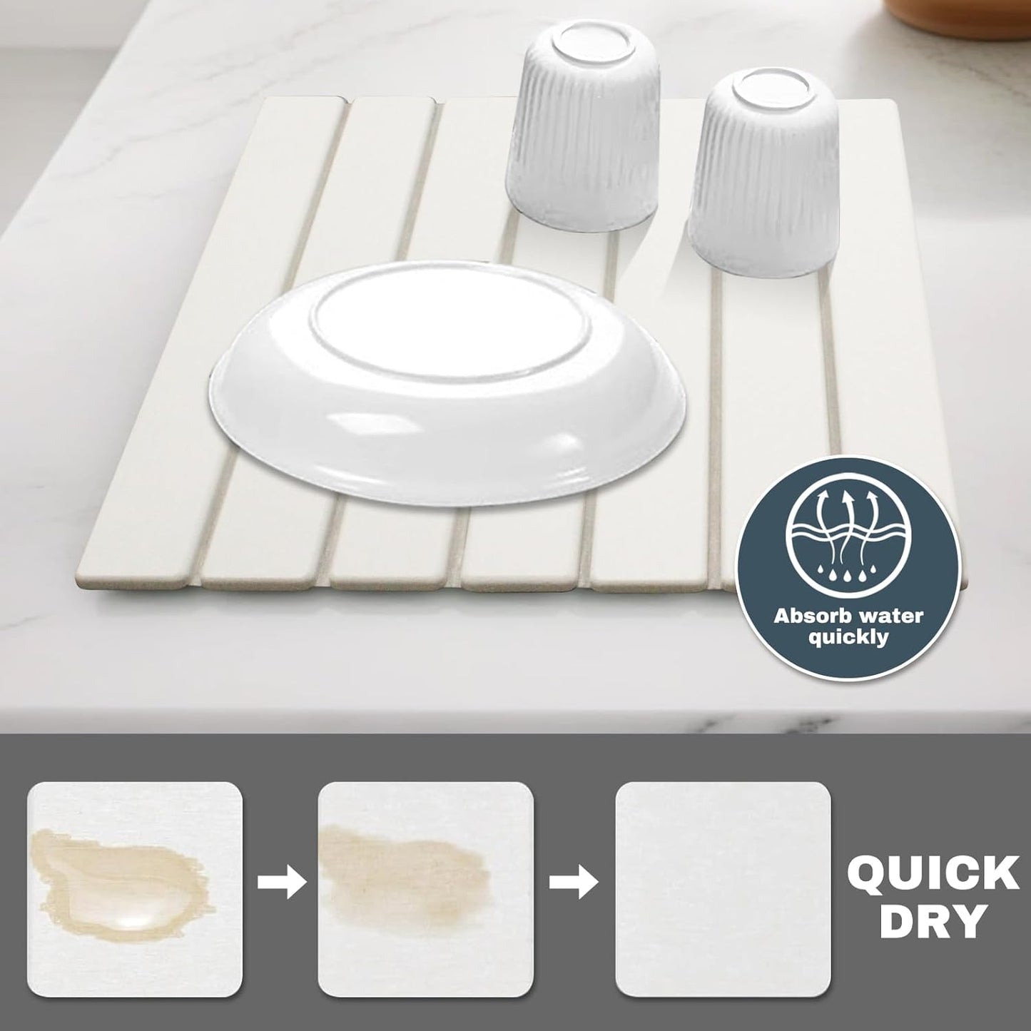 Large Stone Dish Drying Mats for Kitchen Counter, Quick Dry Absorbent Collapsible Dish Drying Mat,Diatomaceous Earth Mats for Dishes Bottles Cups,Match Any Countertop,White 16 * 12inch