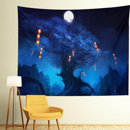 Forest Landscape Tapestry for Living Room & Bedroom - Magic Tapestry (Lanterns Hanging on The Tree, 90.5''L70.8''W)