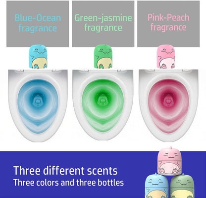 Cute Dinosaur-Shaped Toilet Bowl Cleaner Bottle, Bathroom Toilet Tank Cleaner with Ocean, Jasmine, and Peach Scent,Three bottles can be used for 9 months (1, Three colors and three bottles)