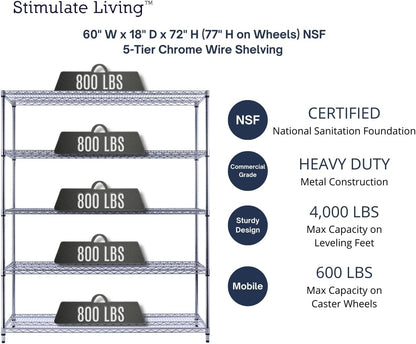 60"x18"x72" PRIME HEAVY DUTY Chrome 5-Tier Wire Shelving 4000 LBS MAX Capacity Storage Rack for Commercial, School, Home, Garage, Warehouse, Industrial, and Hospital Uses (with Wheels)