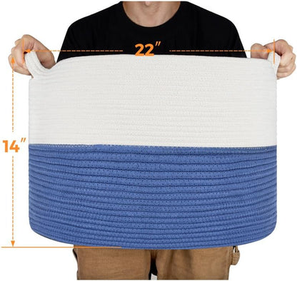 Ravinte Large Storage Basket - 22"x 22"x 14" Blanket Basket for Living Room, Baby Toy Storage Basket, Cotton Rope Basket Woven Laundry Basket (White-Blue)