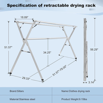 Sillars Clothes Drying Rack, 63 inches Laundry Drying Rack Clothing Foldable & Collapsible Stainless Steel Heavy Duty Clothing Drying Rack with Windproof Hooks for Indoor Outdoor