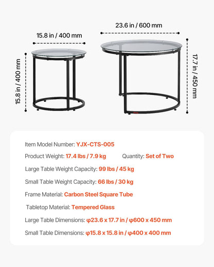 VEVOR Nesting Tables, Glass Coffee Table Set of 2, 23.6 inch Round Coffee Table, Small Coffee Tables Night Stand with Metal Frame, for Living Room, Bedroom, Office