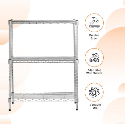 Amazon Basics 3-Shelf Adjustable Heavy Duty Steel Wire Rack Storage Shelving Organizer for Kitchen, Garage, 23.2" L x 13.4" W x 30" H, Chrome