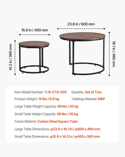 VEVOR Nesting Tables, Coffee Table Set of 2, 23.6 inch Round Coffee Table, Small Coffee Tables Night Stand with Metal Frame, for Living Room, Bedroom, Office (Brown & Black)