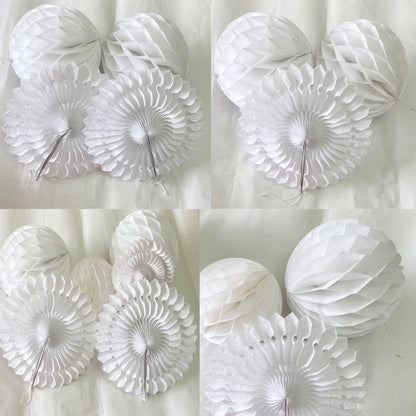 12pcs White Honeycomb Balls Tissue Paper Fans Party Honeycomb Ball Fans wall Decorations Tissue Pom Poms Flower Balls Hanging Paper Fans For Party Baby Shower Birthday Wedding Nursery Decor(white kit)