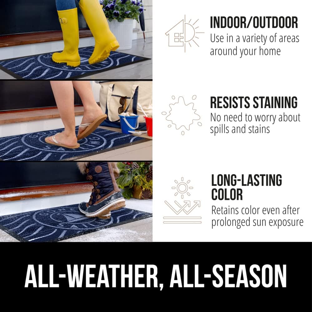 GORILLA GRIP 100% Waterproof All-Season WeatherMax Doormat US Designed Natural Rubber, Stain and Fade Resistant, Low Profile Indoor Outdoor Door Mats, Easy Clean Patio Mat, 17x29, Blue Sailing