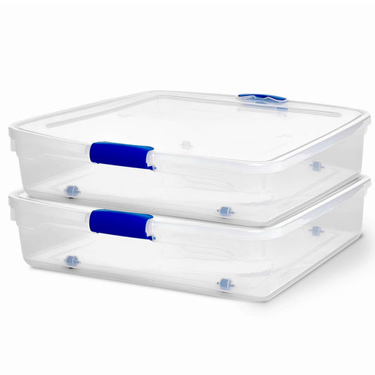 HOMZ 2-Pack Under Bed Storage, Clear Plastic Containers with Lids, 56 Quart, Blue Latch - Stackable