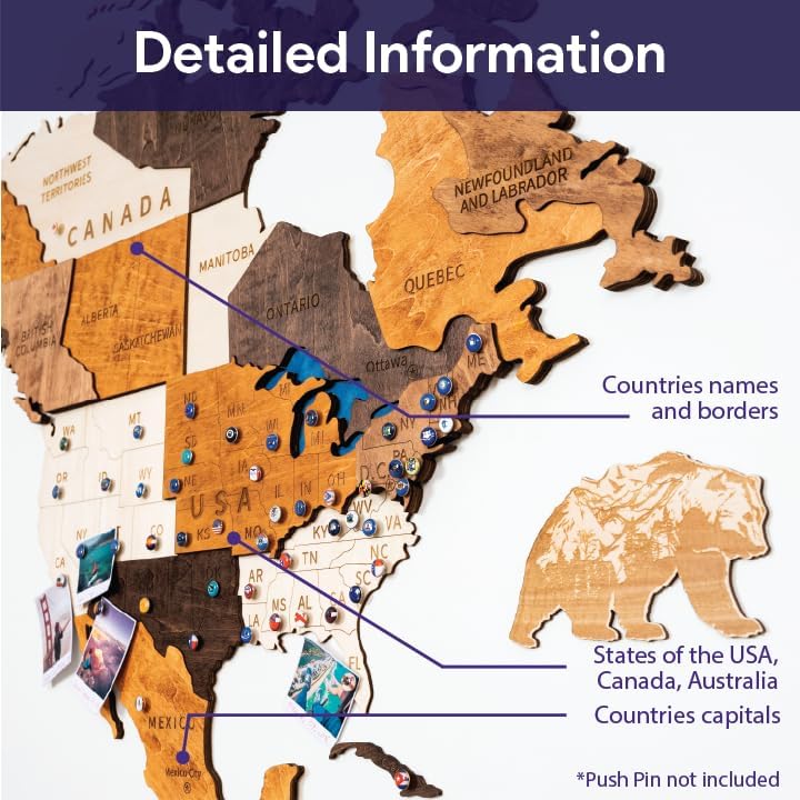 HYPERI Multilayered 3D Wooden World Map Wall Decor, Wood Art Wall Decor, Mapa Mundi Para Pared, World Maps and Push Pins, Valentine's Day Gifts For Dad, Mom, Boss, Husband, Wife (XX-Large)