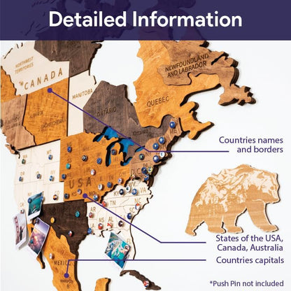 HYPERI Multilayered 3D Wooden World Map Wall Decor, Wood Art Wall Decor, Mapa Mundi Para Pared, World Maps and Push Pins, Christmas, Valentine's Day Gifts For Dad, Mom, Boss, Husband, Wife (Large)