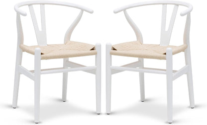 POLY & BARK Weave Dining Chairs – Mid-Century Modern Wishbone Dining Chairs with Arms, Solid Wood Frame, Indoor Use – White – Set of 2 - Ideal for Dining Room, Kitchen or Stylish Accent Setting