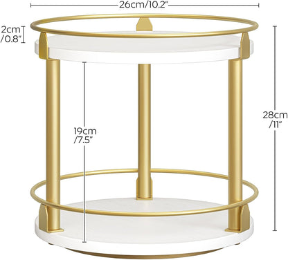 Lazy Susan Organizer, Rotating Spice Rack, 2 Tier Spice Turntable Organizer, Industrial Turntable Spice Holder, for Kitchen Countertop and Cabinet, Compact and Versatile, White and Gold SR22DW