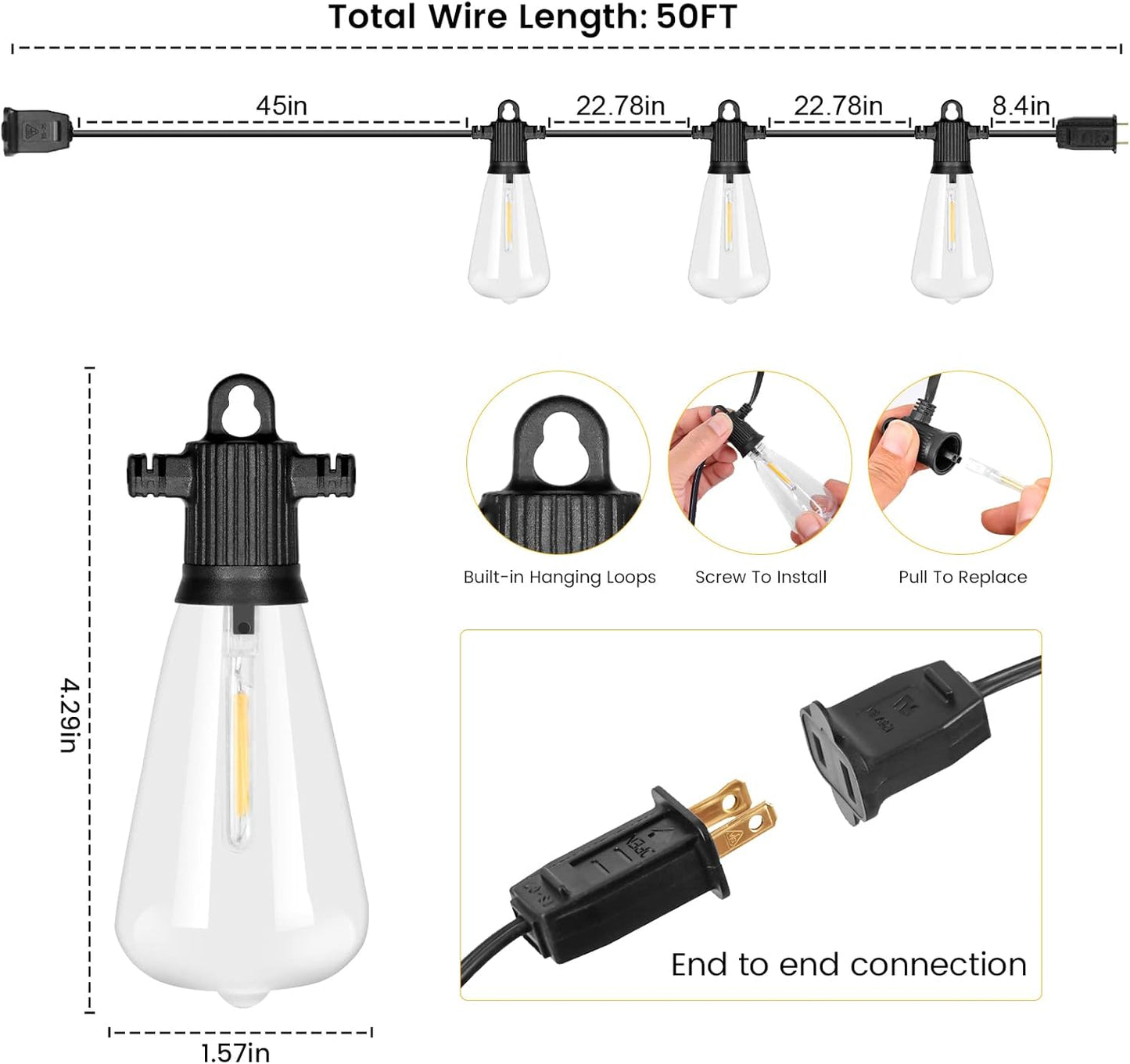 LED Outdoor String Lights, 50 FT Waterproof Patio Lights with 25+2 ST38 Vintage Edison Shatterproof Bulbs, Connectable Dimmable Hanging Lights for Backyard Bistro Cafe Garden Gazebo - Warm White