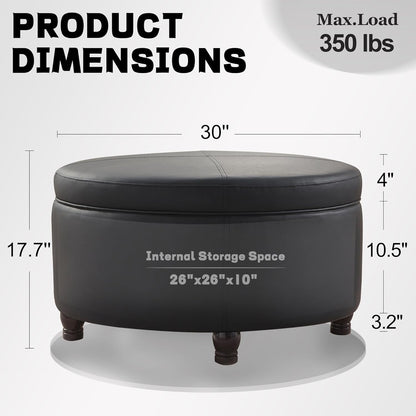 30-Inch Round Storage Ottoman, Modern Ottoman Coffee Table with Removable Top for Living Room, Bedroom, Office (Black)