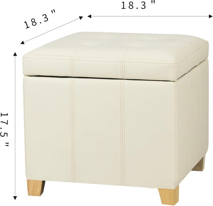 Adeco Faux Leather Storage Ottoman with Hinged Lid, 17.5 Inch High Cream White Square Cube Foot Stool with Storage, Upholstered Vanity Stool with Solid Wood Legs for Living Room, Bedroom, Dorm