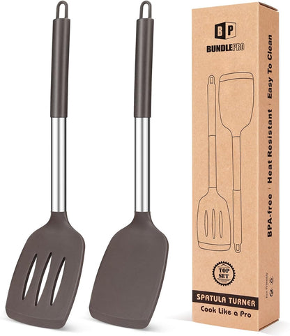 Pack of 2 Silicone Solid Turner, Non Stick Slotted Kitchen Spatulas, High Heat Resistant BPA Free Cooking Utensils, Ideal Cookware for Fish, Eggs, Pancakes(Chocolate)