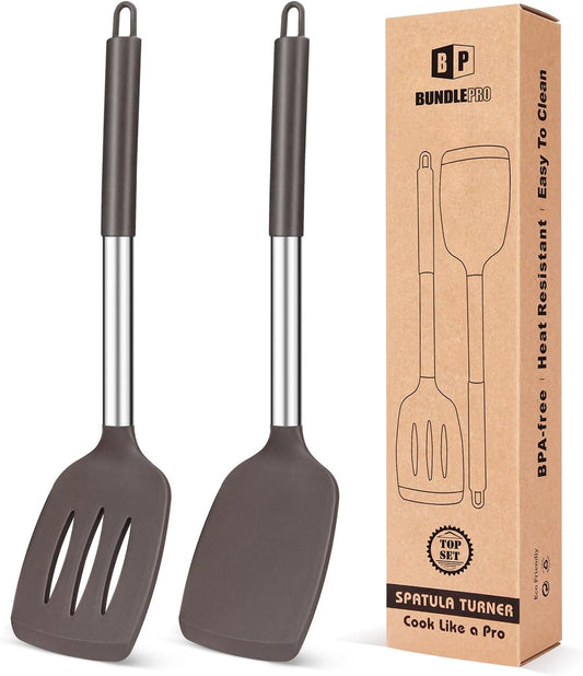 Pack of 2 Silicone Solid Turner, Non Stick Slotted Kitchen Spatulas, High Heat Resistant BPA Free