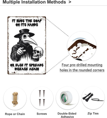 ALKB Halloween Bathroom Decor 8 x 12 Inch - Goth Plague Doctor Metal Tin Sign,Gothic Lovers Gifts,IT RUBS THE SOAP ON ITS HANDS