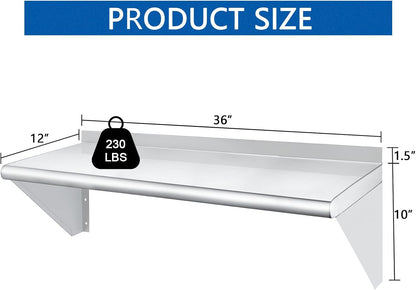 HARDURA Stainless Steel Shelf 12" x 36", 230lb Commercial Shelves Wall Mount Metal Shelving with Backsplash and Brackets for Kitchen, Restaurant, Laundry Room and Home