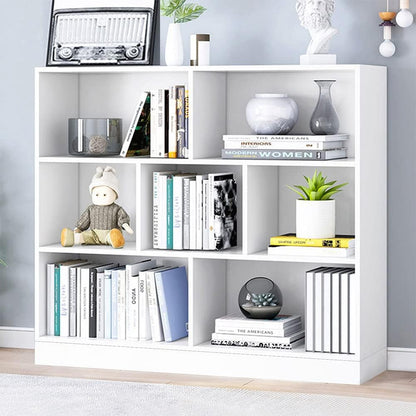 IOTXY Open Shelf Low Bookcase - Wooden 3-Tier Floor Standing Display Cabinet Organizer with Base, 7 Cubes Short Horizontal Bookshelf in Warm White
