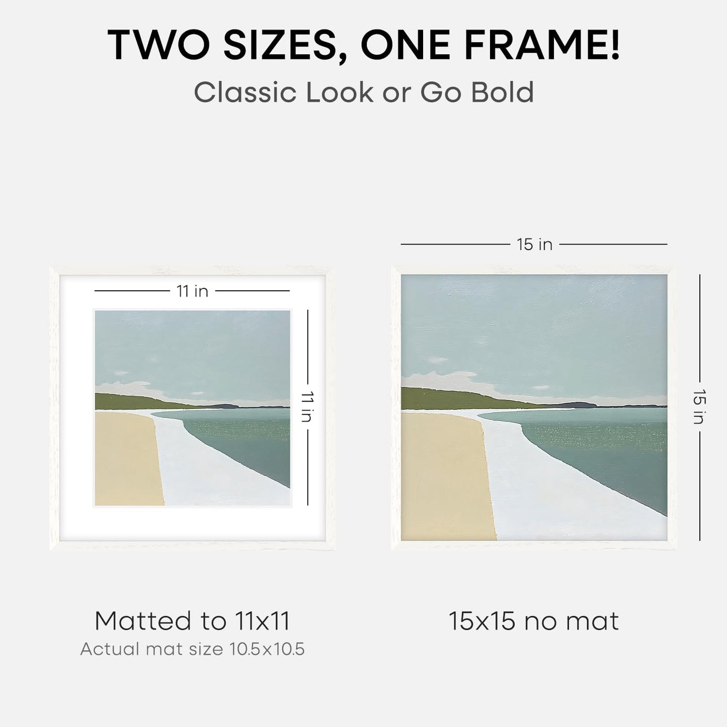 Homeforia 15x15 White Picture Frame, High End Oak 15 x 15 Square Wood Frames with Mat 11 by 11 inches Photo, 15by15 White Wooden Poster Frames Matted to 11x11 Print, Tempered Glass, Wall Kit, Set of 1