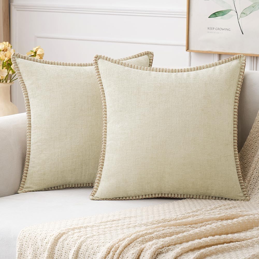 MIULEE Pack of 2 Christmas Pillow Covers 18x18 Inch Cream White Farmhouse Decorative Throw Pillow Covers with Stitched Edge Soft Chenille Solid Dyed Couch Pillow Covers for Sofa Bed Living Room