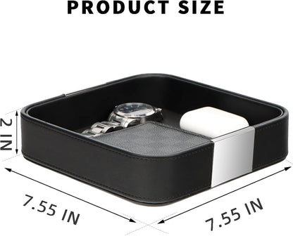 SANZIE Luxury Leather Desktop Storage Small Catchall Organizer Decorative Tray for Entryway Table to Hold Jewelry Watch Cosmetics Keys Phone Wallet, Home & Office Accessories (Metal Silvered, Black)