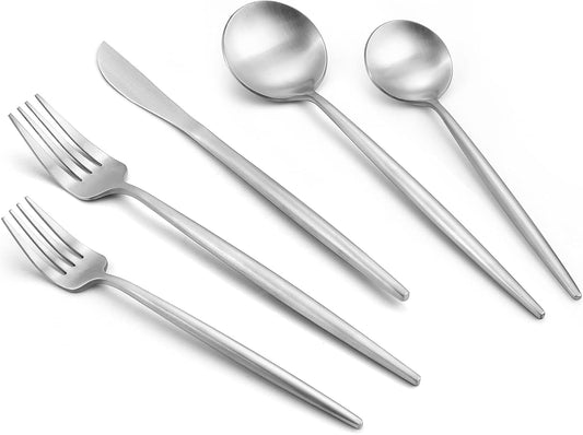 Matte Silverware Set, 20-Piece Stainless Steel Flatware, Tableware Cutlery Service for 4, Satin Finish Utensils, Knife Fork Spoon for Home and Restaurant, Dishwasher Safe