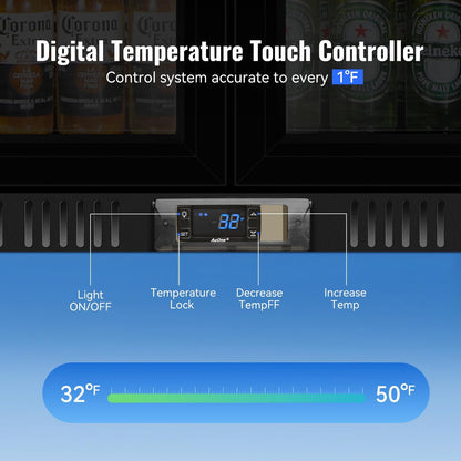 Tylza Back Bar Cooler With 2 Glass Doors, 200L Under Counter Back Bar Refrigerator with LED Lighting, Safety Locks, Counter Height Bar Beverage Cooler for Beer, Soda Drinks, Wine, Black