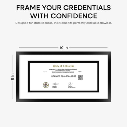 Homeforia 5x10 Business License Frame Black, High End Metal 5 x 10 Document Certificate Frame with Mat 4x9, 5 by 10 Professional License Frames for Wall or Tabletop, Tempered Glass, Wall Kit, Set of 1