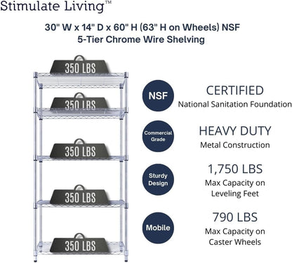 30"x14"x60" PRIME HEAVY DUTY Chrome 5-Tier Wire Shelving 1,750 LBS MAX Capacity Storage Rack for Commercial, School, Home, Garage, Warehouse, Industrial, and Hospital Uses (with Wheels)