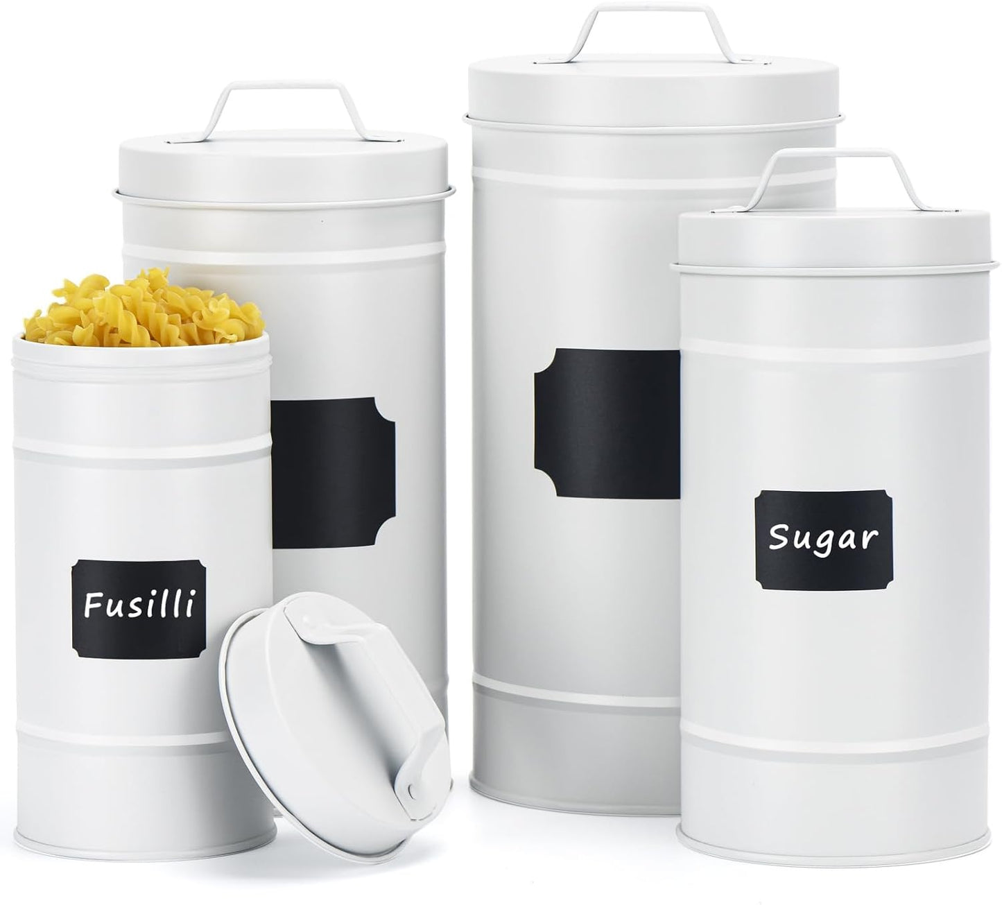 Farmhouse Canister Set for Kitchen Countertop, Airtight Nesting Kitchen Canisters Set of 4, Mental Flour Sugar Coffee Tea Storage Canister Jars, Vintage Country Design, White