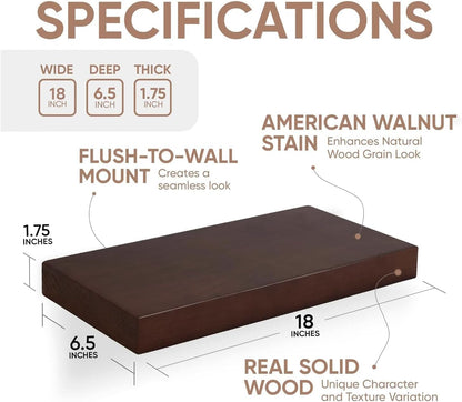 Homeforia Walnut 18 inch Floating Shelf, High End Solid Real Wood 18inch Floating Shelves for Wall Mounted, Dark Brown 18 inches Long Floating Shelves, Heavy Duty Bracket, 18 X 6.5 X 1.75 in, Set of 4