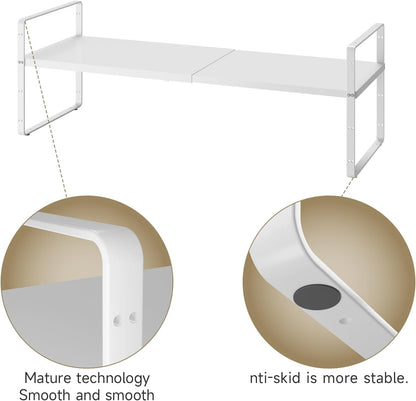 16.5~27.1" Expandable Shelf Organizer, 2Pack 8.1" Wide Stackable Cabinet Shelf Organizers, White Metal Sturdy Kitchen Counter Storage for Countertop, Adjustable Height Spice Rack
