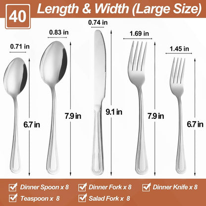 40 Pcs Silverware Set for 8 with Pearled Edge Handle design, Food Grade Stainless Steel Flatware Set, Eating Utensils Sets Include Fork/Knife/Spoon, Reusable Cutlery Set, Dishwasher Safe