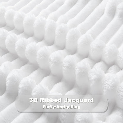 NEWCOSPLAY Super Soft Queen Blanket White Premium Silky Flannel Fleece 3D Ribbed Jacquard Lightweight Bed Blanket All Season Use (White Ribbed, Queen(90"x90"))