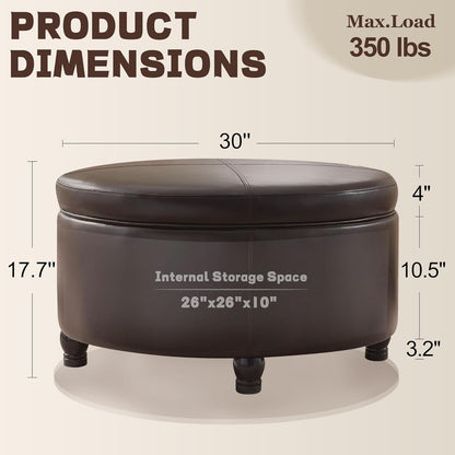 30-Inch Round Storage Ottoman, Modern Ottoman Coffee Table with Removable Top for Living Room, Bedroom, Office (Brown)